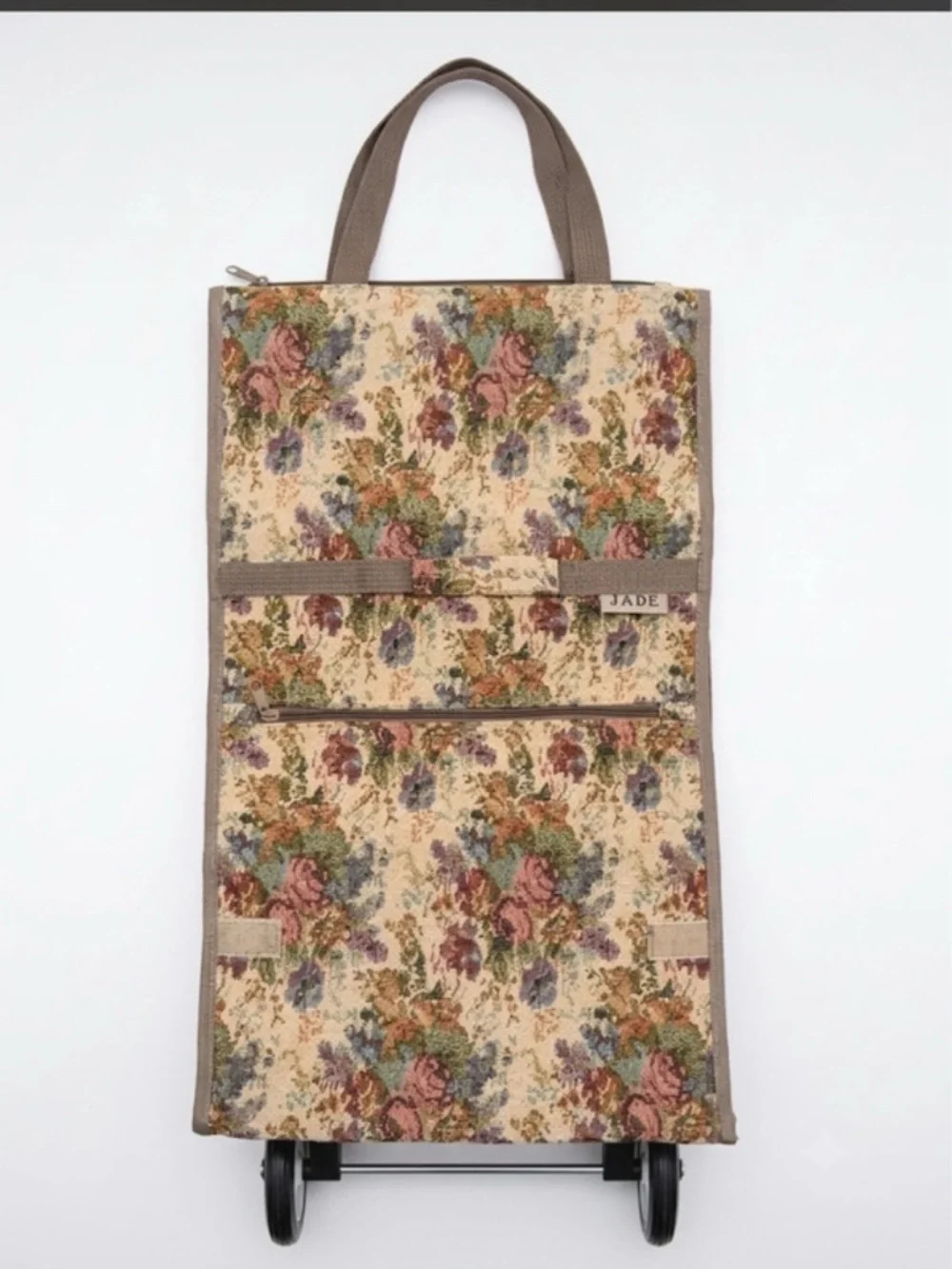 Vintage Floral Tapestry Rolling Shopping Tote by JADE - Beige Multi